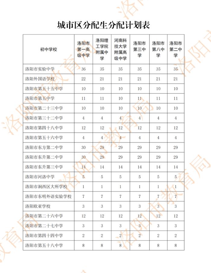 权威发布！洛阳市城市区分配生名额已出