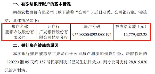 向个人借款2800万？ 因借贷纠纷募资账户被冻结1278万，鹏都农牧收深交所关注函