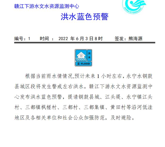 江西赣江下游水文水资源监测中心发布洪水蓝色预警