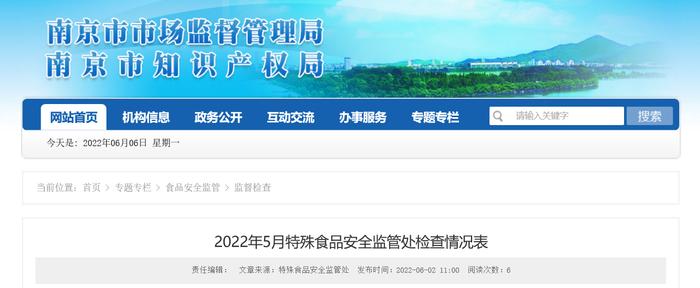 南京市市场监管局公布2022年5月特殊食品安全监管处检查情况表