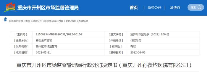 重庆开州孙贤均医院有限公司被罚款14000元