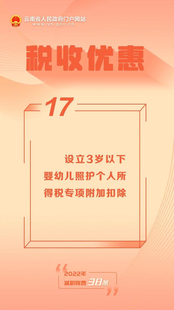 2022年减税降费38条 ▏⑰ 设立3岁以下婴幼儿照护个人所得税专项附加扣除