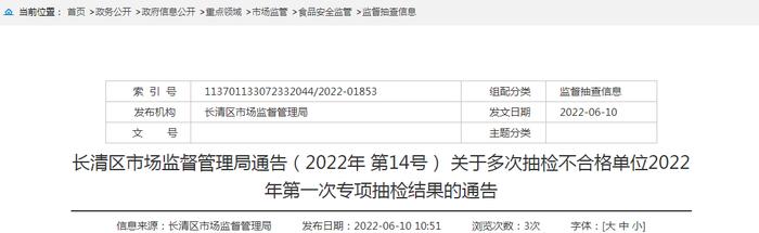 济南市长清区市场监管局关于多次抽检不合格单位2022年第一次专项抽检结果的通告（2022年第14号）