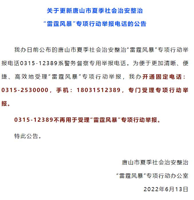 还是打不通？唐山更新“雷霆风暴”举报电话，多次拨打均提示“正在通话中”