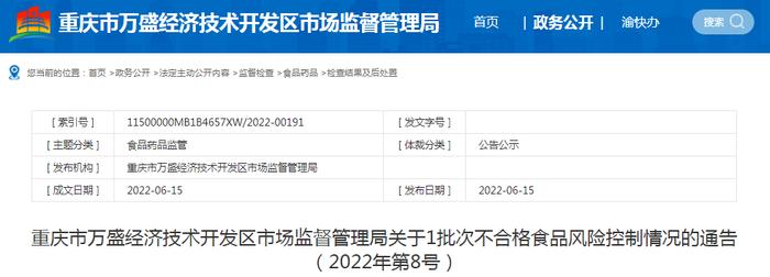 【重庆】万盛经开区长远白酒坊生产的不合格高粱白酒风险控制情况公布