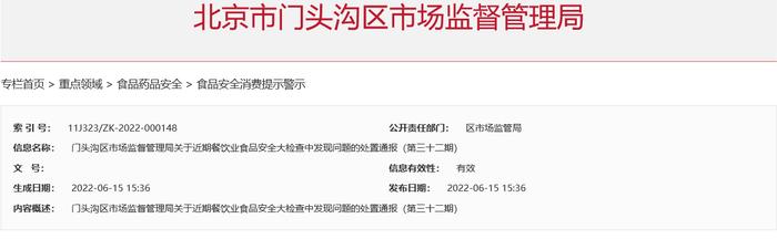 北京市门头沟区市场监督管理局关于近期餐饮业食品安全大检查中发现问题的处置通报（第三十二期）