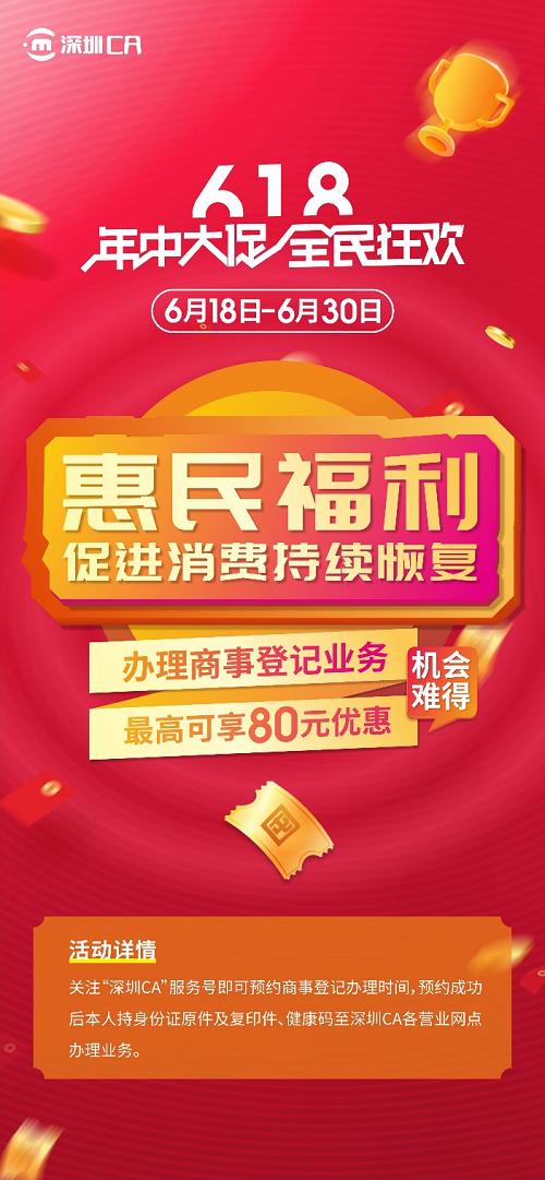 618狂欢！来深圳CA办理商事登记业务，最高可享80元优惠