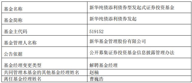 曹巍浩离任新华纯债添利债券新华安享惠金定期债券