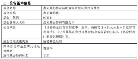 丁玥离任鑫元基金旗下3只基金