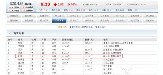 武汉凡谷女高管彭娜年薪90.38万 比另一副总朱晖一年少近160万