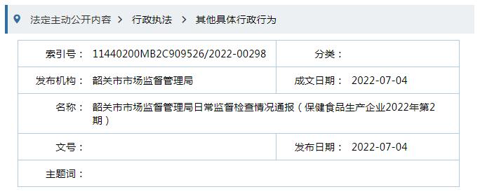 广东省韶关市市场监督管理局日常监督检查情况通报（保健食品生产企业2022年第2期）