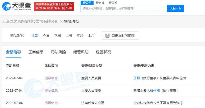 丁磊退出上海网之易公司法定代表人 天眼查显示仍100％持股