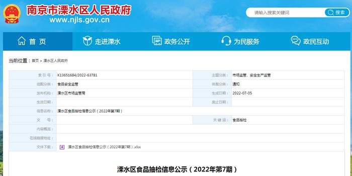 南京溧水区食品抽检信息公示（2022年第7期）