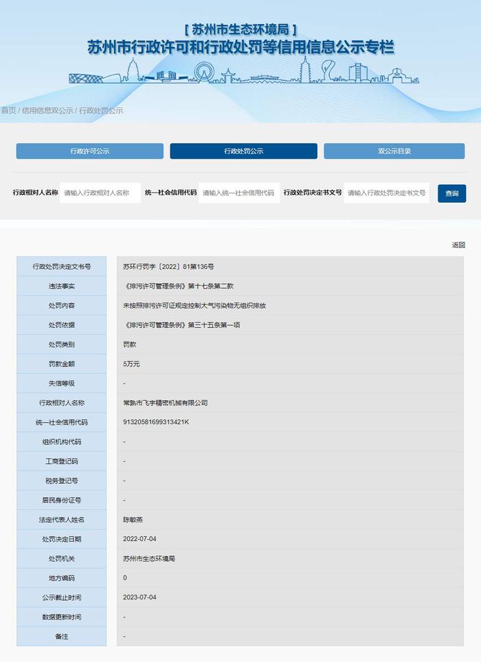 苏州市生态环境局关于常熟市飞宇精密机械有限公司的行政处罚信息