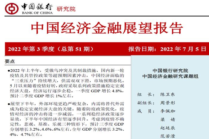 【研报推荐】中国银行中国经济金融展望报告（2022年第3季度） ：“三重压力”倍增，政策全力稳定宏观经济大盘