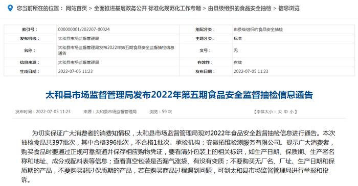 安徽省太和县市场监管局公布2022年第五期食品安全监督抽检信息