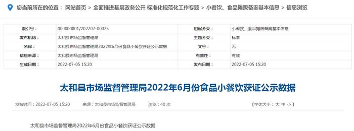 安徽省太和县市场监督管理局2022年6月份食品小餐饮获证公示