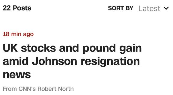 美媒：约翰逊同意辞职后，英国股市开盘上涨、英镑兑美元汇率升高
