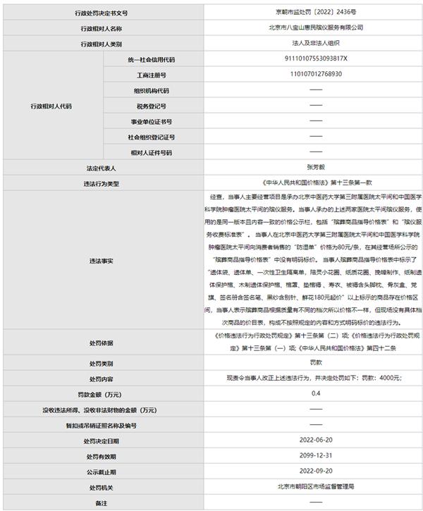 北京市八宝山惠民殡仪服务有限公司高价收费被罚18万 收费为政府指导价26倍