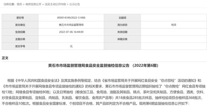 湖北省黄石市市场监督管理局食品安全监督抽检信息公告 （2022年第6期）