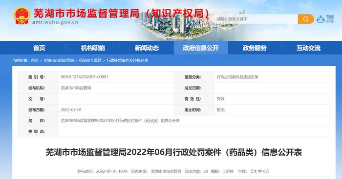 安徽省芜湖市市场监督管理局2022年6月行政处罚案件（药品类）信息公开表