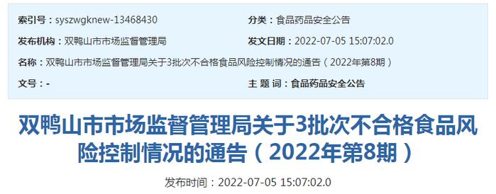 黑龙江省双鸭山市市场监管局公布绿豆糕(蒸煮类糕点)等3批次不合格食品风险控制情况