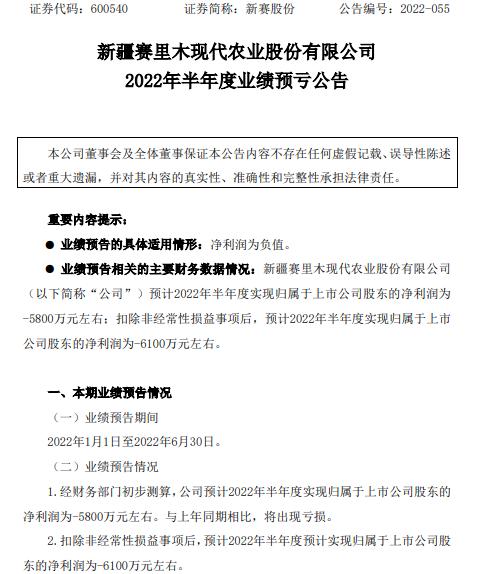 新赛股份2022年上半年预计亏损5800万同比由盈转亏 大宗商品价格下挫