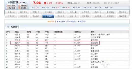 云赛智联副总经理赵海鸿跳槽不少 年薪59.63万元比另一副总乔艳君略高
