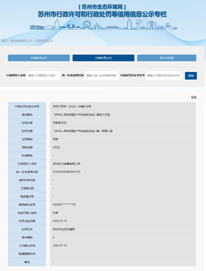 江苏省苏州市生态环境局关于苏州迈力电器有限公司的行政处罚信息