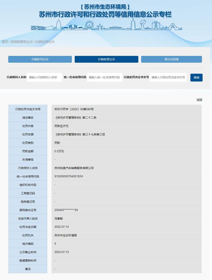 江苏省苏州市生态环境局关于苏州和奥汽车销售服务有限公司的行政处罚信息