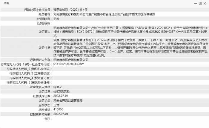 河南康宸医疗器械有限公司生产销售不符合经注册的产品技术要求的医疗器械案