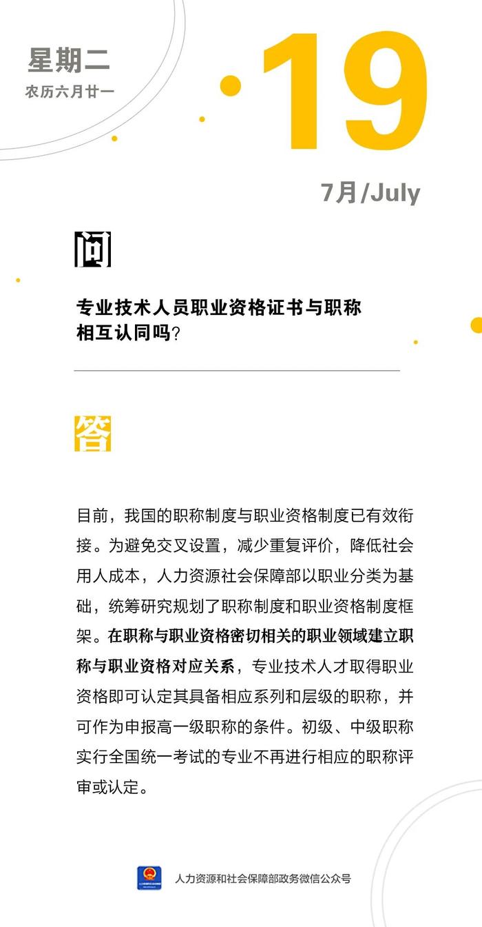 【人社日课·7月19日】专业技术人员职业资格证书与职称相互认同吗？