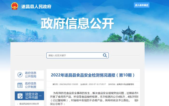 2022年浙江省丽水市遂昌县食品安全检测情况通报（第10期）