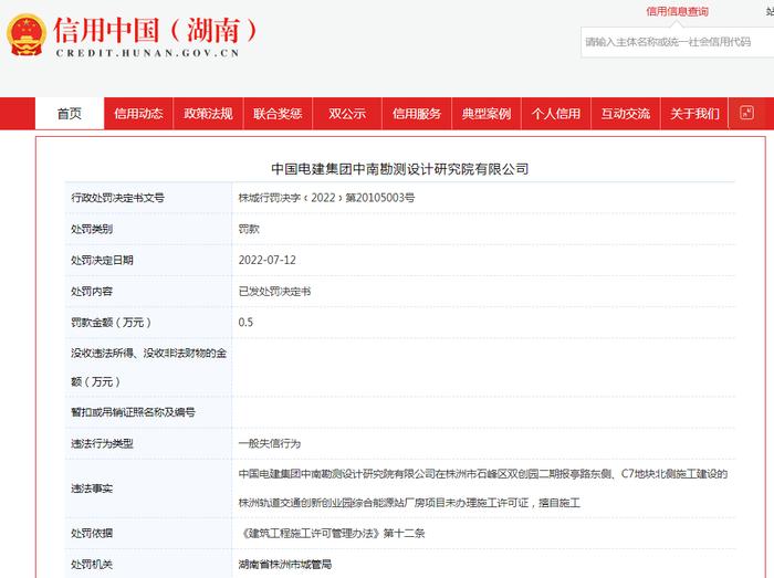 擅自施工！中国电建集团中南勘测设计研究院有限公司被罚