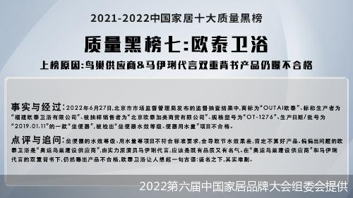 欧泰卫浴上榜“2021-2022中国家居十大质量黑榜”