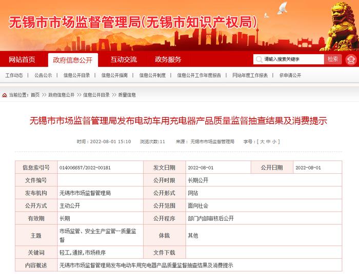 江苏省无锡市市场监管局抽查电动车用充电器产品30批次  不合格3批次