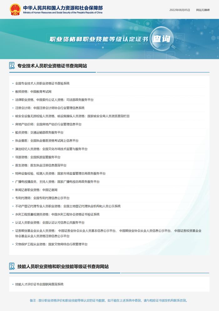 人力资源社会保障部公布职业资格和职业技能等级认定证书查询网站