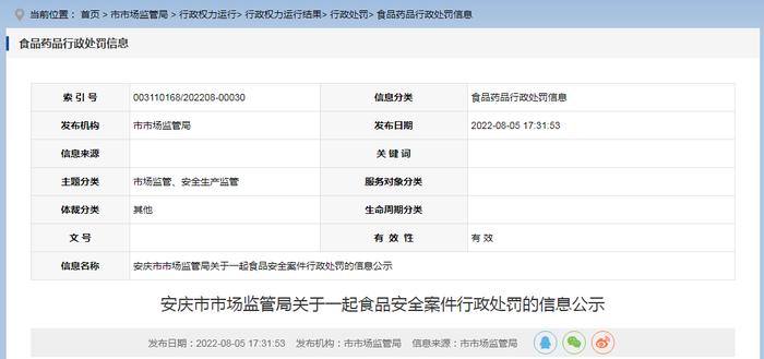 安徽省安庆市市场监管局公示一起食品安全案件行政处罚信息（安庆市大观区严明饭店）