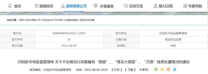 武汉市汉阳区市场监管局关于不合格自行消毒餐具“圆盘”、“青花大圆盘”、“方盘”核查处置情况的通告