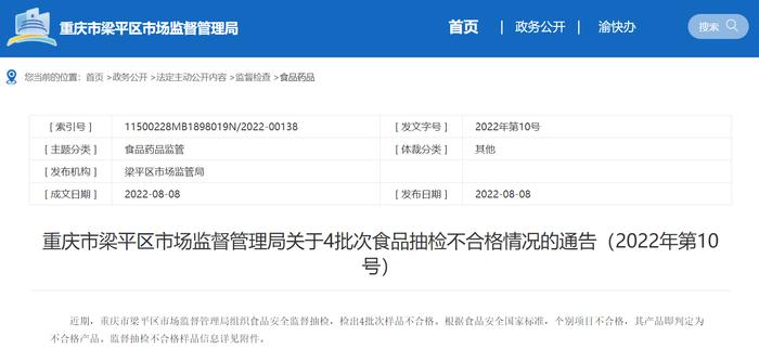 重庆市梁平区市场监督管理局关于4批次食品抽检不合格情况的通告（2022年第10号）