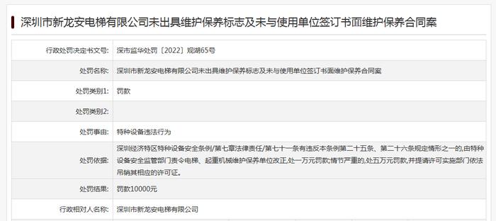 未出具维护保养标志等  深圳新龙安电梯公司被罚