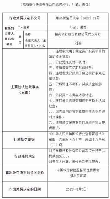 因贷后管理不尽职，贷款资金被挪用等 招商银行武汉分行被罚285万元