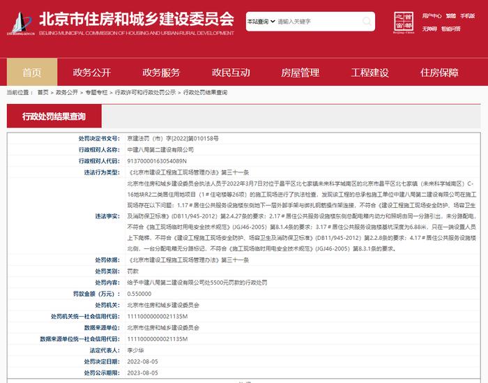 北京市住房和城乡建设委员会关于中建八局第二建设有限公司的行政处罚信息