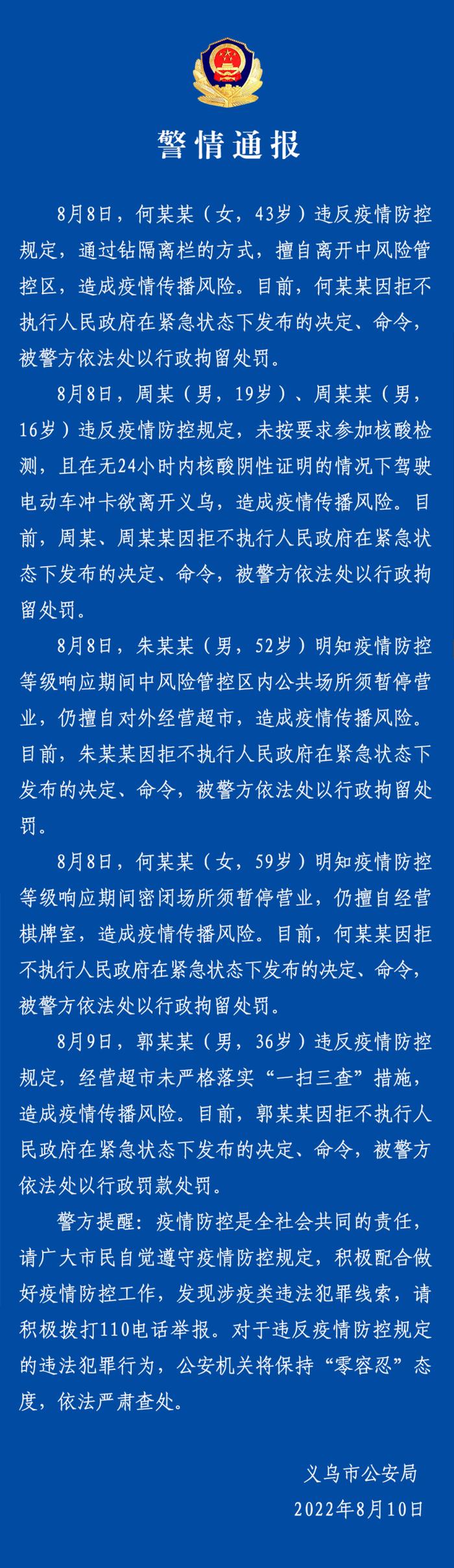 义乌公安通报：多人违反疫情防控规定被行政拘留！