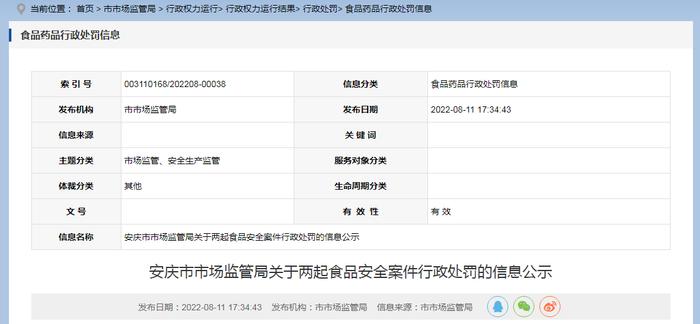 安徽省安庆市市场监管局公示食品安全案件行政处罚信息  涉及2家公司