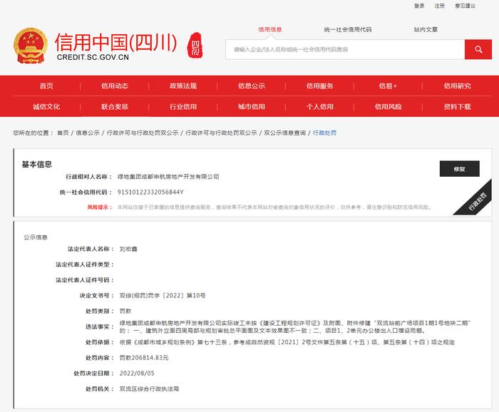 未按规划许可建设  绿地集团成都申航房地产公司被罚20万余元