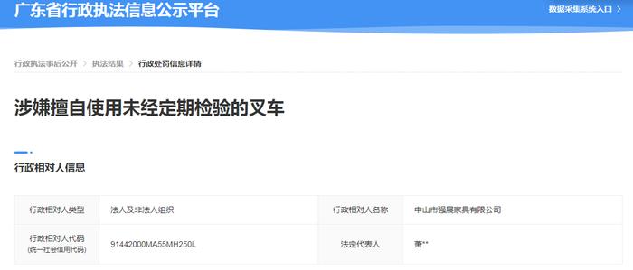 【广东】中山市强展家具有限公司涉嫌擅自使用未经定期检验的叉车案
