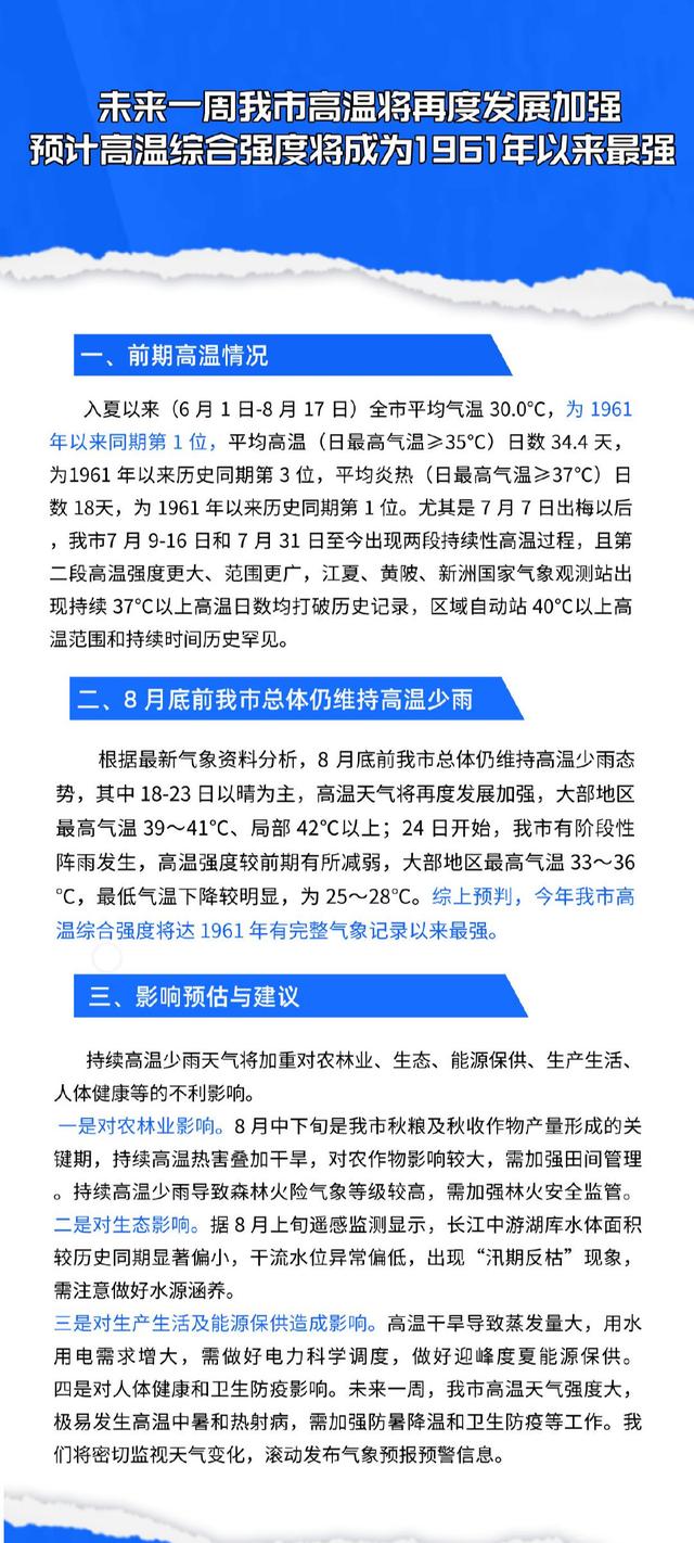 武汉国家站气温高达39.7℃，追平历史记录！预计高温将为1961年以来最强