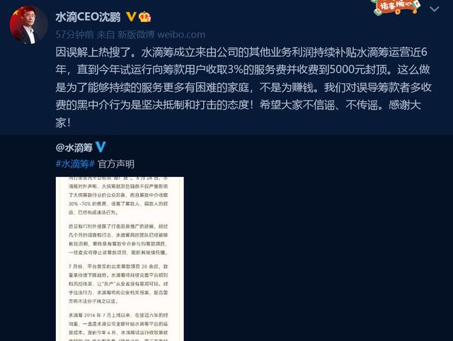 抽成最高达70%？水滴筹发声明：任何高于筹款额3.6%的费用都不是平台收取