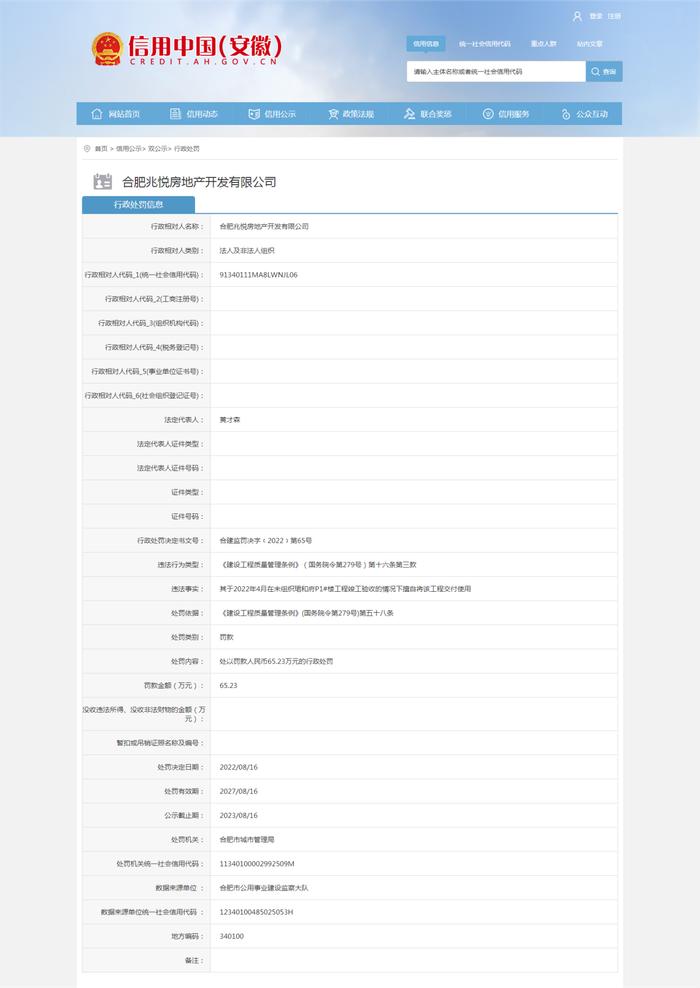 合肥珺和府项目未组织竣工验收擅自交付，开发商被罚65万余元